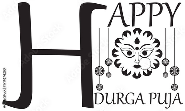 Fototapeta Happy Durga Puja festival greeting card design .  Durga Puja greeting card design featuring goddess face illustration, festive hanging ornaments, and decorative typography for celebration. EPS 10/ AI.