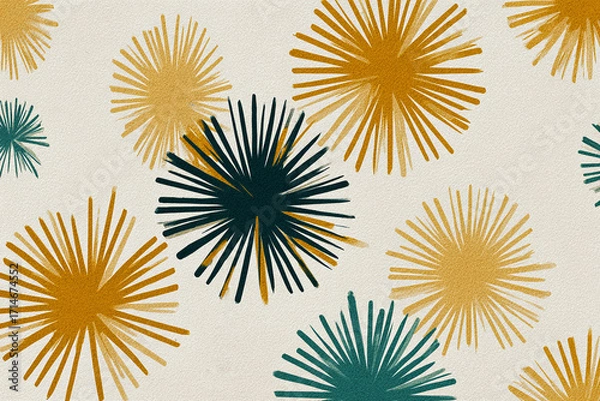 Fototapeta abstract mid century modern starburst pattern with bold ochre and muted teal color accents minimal flat retro design isolated on cream background