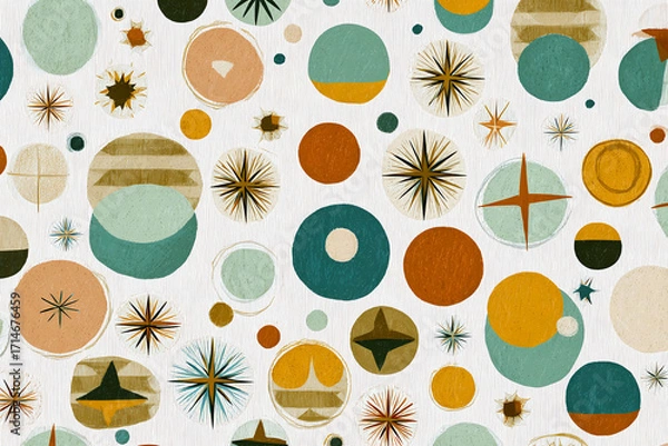 Fototapeta mid century modern freeform geometric pattern with overlapping circles triangles and star motifs in clay teal and ochre tones minimal retro illustration on light beige background
