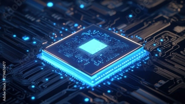 Fototapeta Futuristic computer chip glowing with AI circuit patterns, neon blue lighting, dark tech background.