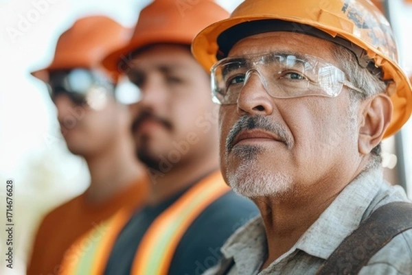 Fototapeta Elderly Hispanic male assembly builder instructs younger workers in a construction site setting