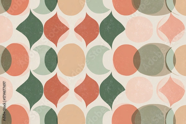 Fototapeta mid century modern geometric pattern with repeating diamonds and semicircles in muted sage green and dusty peach tones flat retro illustration on pale beige background 