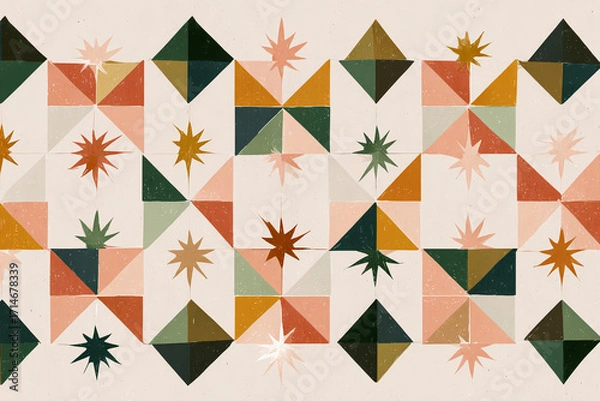 Fototapeta mid century modern geometric pattern with star and triangle motifs arranged in grid in deep forest green terracotta and warm ochre palette retro flat illustration on soft beige backgro