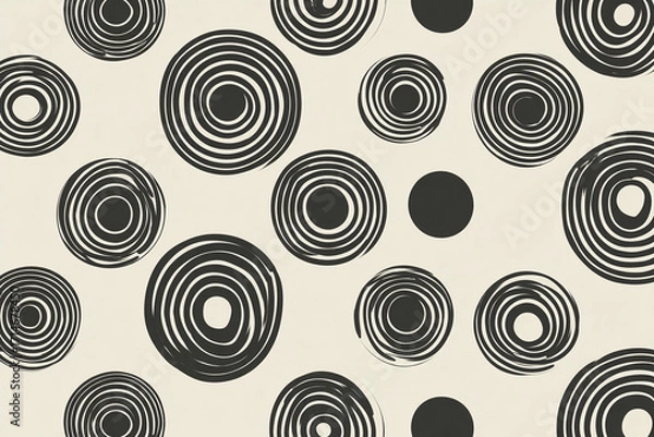 Fototapeta mid century modern repeating concentric circle pattern with sharp black graphics on soft cream background minimal retro illustration