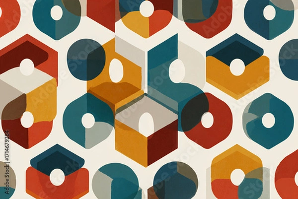 Fototapeta mid century modern geometric pattern with bold hexagons and half moons in soft mustard deep teal and clay red palette flat retro illustration on pale cream background