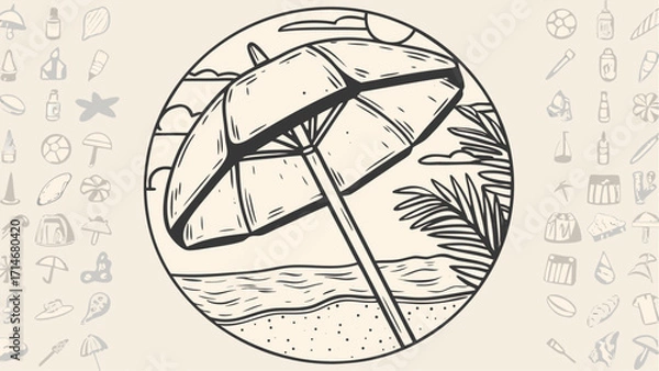 Fototapeta Illustration of a beach scene with a large umbrella palm tree sun and waves in a circular frame design