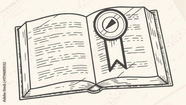 Fototapeta Open book with a ribbon bookmark featuring a circular design in a monochrome illustration style