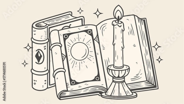 Fototapeta Illustration of stacked books with magical symbols and a lit candle with sparkling stars around them