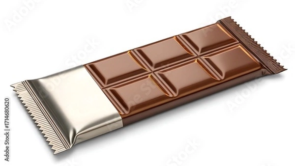 Obraz Chocolate bar partially unwrapped in silver foil isolated on white background
