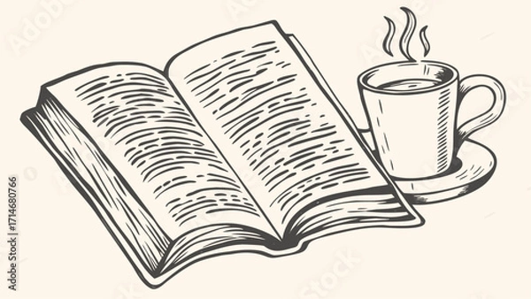 Fototapeta An open book with visible pages accompanied by a steaming cup of coffee on a saucer illustration