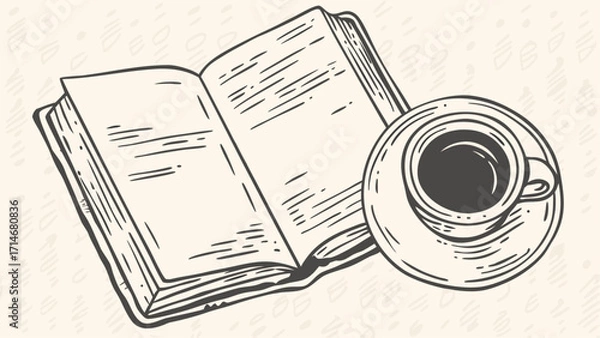 Fototapeta Open book with blank pages and a cup of coffee on a saucer in a monochrome line art illustration
