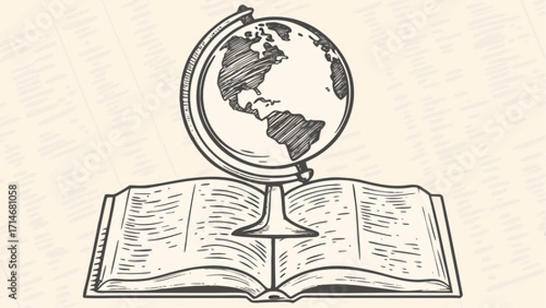 Fototapeta Globe atop an open book with visible continents and sketched design creating a vintage educational feel