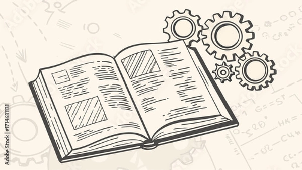 Fototapeta Open book with diagrams and gears on a background with technical drawings in a sketch style design