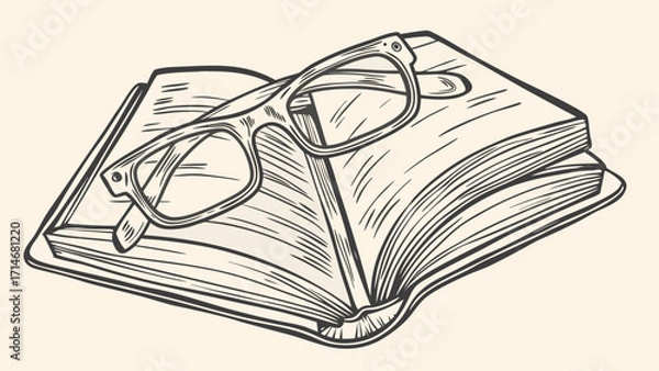 Fototapeta Illustration of glasses resting on an open book with visible pages and a light background color tone