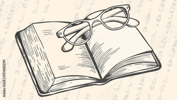 Fototapeta Illustration of open book with visible pages and glasses on top with hieroglyphics background design
