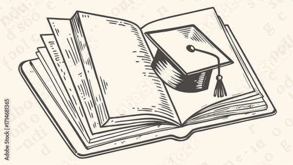 Fototapeta Illustration of an open book with several pages and a graduation cap placed on top of the book pages