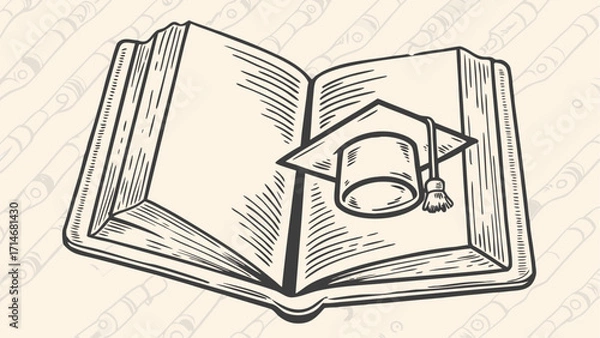 Fototapeta Open book with graduation cap sketch illustration for academic achievement and educational success theme