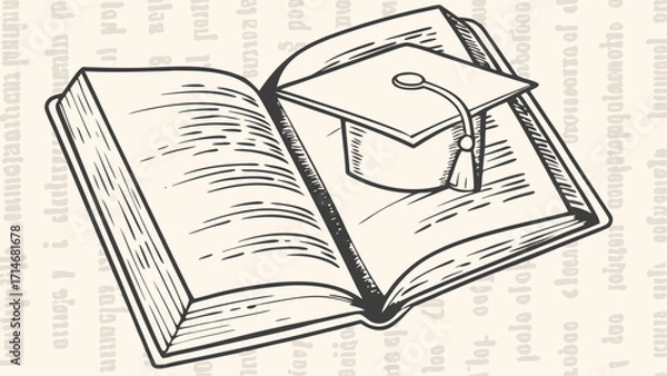 Fototapeta Open book with graduation cap placed on its pages showcasing academic achievement and scholarly pursuits