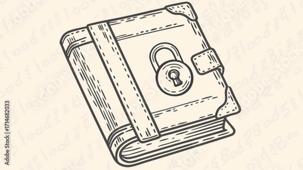 Fototapeta Illustration of a closed and locked book with a strap and metal corners in a line art style drawing
