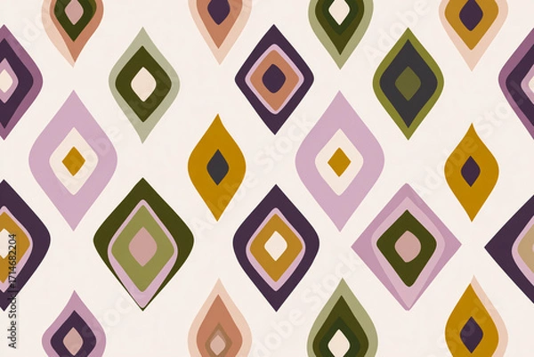 Fototapeta mid century modern geometric pattern with diamonds and arches in dusty lavender warm mustard and deep green palette minimal retro illustration isolated on pale background