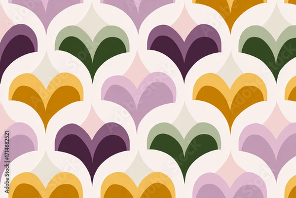 Fototapeta mid century modern geometric pattern with diamonds and arches in dusty lavender warm mustard and deep green palette minimal retro illustration isolated on pale background