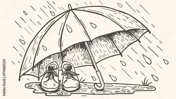 Fototapeta A sketchy illustration of shoes under an umbrella in the rain with visible raindrops and a puddle drawn