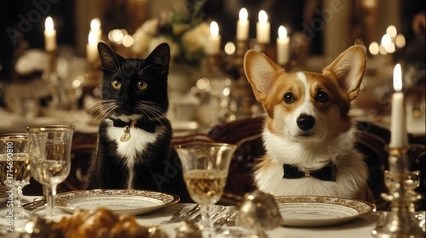 Fototapeta Cat and Dog in Formal Attire Dining at Elegant Candlelit Dinner Table