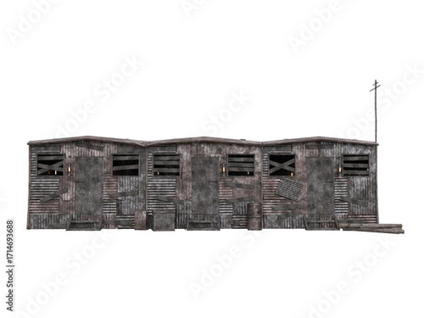 Fototapeta Front view of a post apocalyptic shelter built from old sheets of corregated iron and wood. Isolated 3D render.