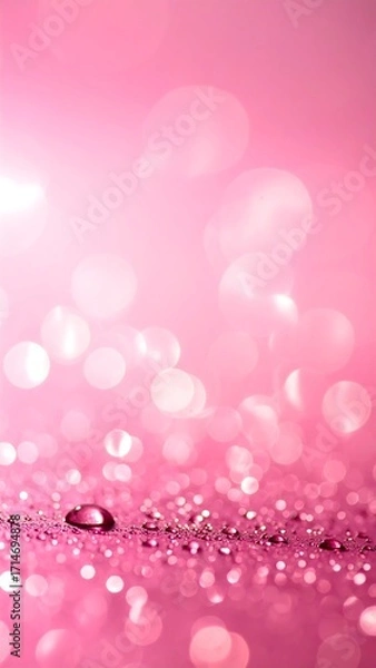 Fototapeta A captivating pink backdrop showcases glittering bokeh and water droplets, creating a delightful and romantic ambiance.