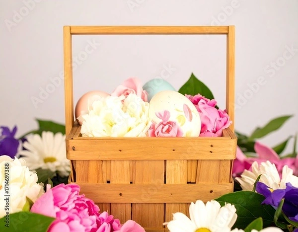 Obraz Easter basket with pastel eggs and flowers