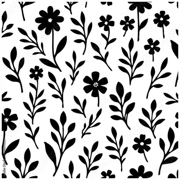 Fototapeta Monochrome floral pattern design, graceful blossoms with leaves creating a minimalist botanical