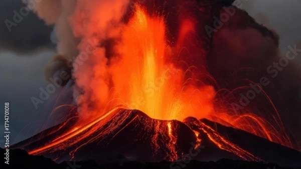 Fototapeta Volcanic eruption with flowing lava and ash cloud
