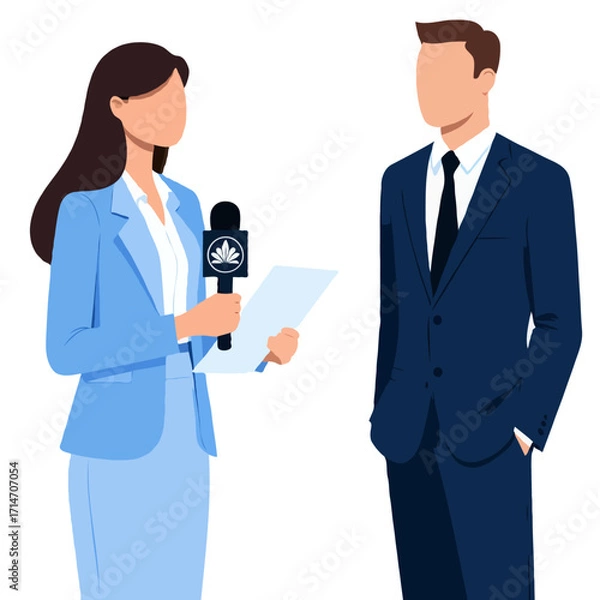 Fototapeta Female news reporter interviewing a businessman with a microphone and notes, a modern media vector illustration.