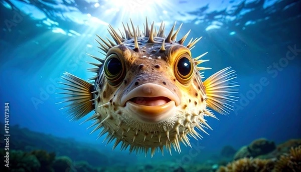 Fototapeta Close-up view of a playful porcupinefish, showcasing its curious expression and spiny exterior in a vibrant underwater scene.