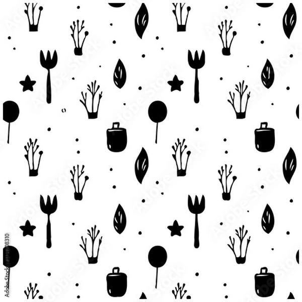Fototapeta Whimsical monochrome garden party seamless pattern featuring stylized forks stars foliage and