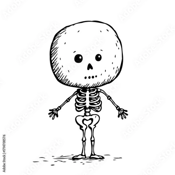 Fototapeta Whimsical skeletal figure with oversized head a playful illustration for halloween or anatomy