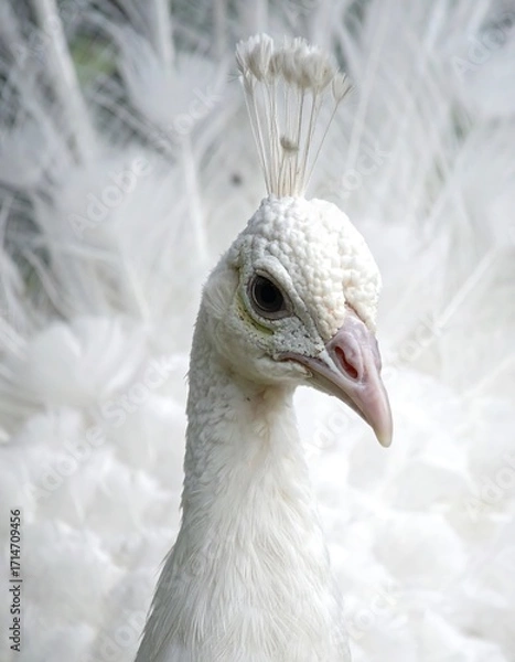 Fototapeta Close-up portrait of a magnificent white peacock, showcasing its detailed plumage and elegant features.