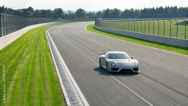Fototapeta A sleek silver sports car racing on a winding track surrounded by green grass and trees under a clear sky.