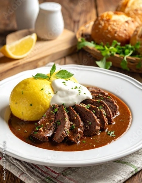 Fototapeta Sliced beef stew served with creamy polenta, garnished with fresh herbs, on a white plate.