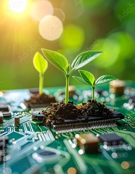Fototapeta Small seedlings sprout from the soil on a circuit board, symbolizing innovation and growth in technology.