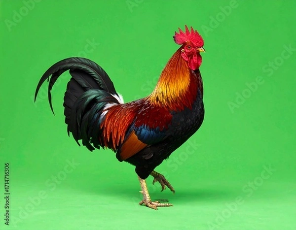 Fototapeta Vibrant rooster, featuring intricate plumage in shades of red, orange, and black, stands against a bright green background.