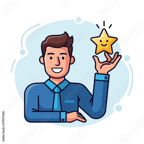 Fototapeta Man holding a smiling star with a happy expression.