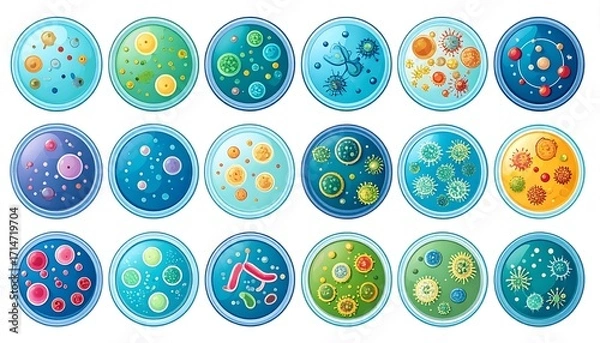 Fototapeta Abstract laboratory petri dishes with bacterial colonies, minimalistic style