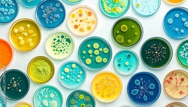 Fototapeta Abstract laboratory petri dishes with bacterial colonies, minimalistic style