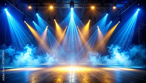 Fototapeta An empty stage club with blue and yellow bright stage lights and lights beams through a smokey atmosphere background