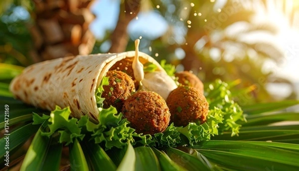 Fototapeta Food photography, falafel wrap with a burst of tahini, on a tropical palm leaf background