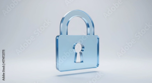 Fototapeta A sleek translucent blue 3D padlock icon symbolizes digital security and data protection against a light gray background.