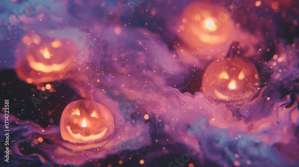 Fototapeta Abstract glowing jack-o’-lantern background, surreal Halloween pumpkins with neon light for spooky party design and horror projects	