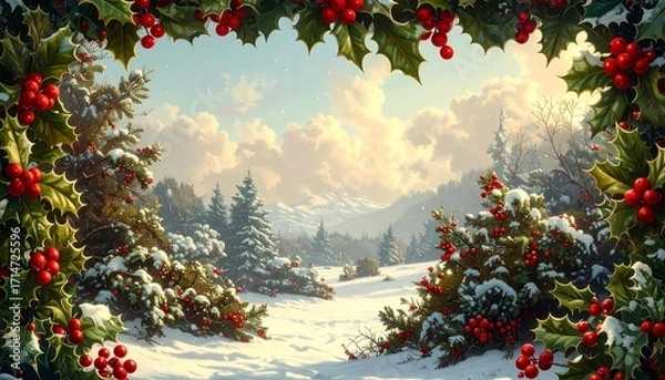 Fototapeta A winter wonderland scene framed by holly, showcasing a snowy landscape with glistening trees and vibrant red berries.