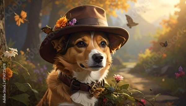 Fototapeta Charming Canine in a Rustic Setting with Floral Accents